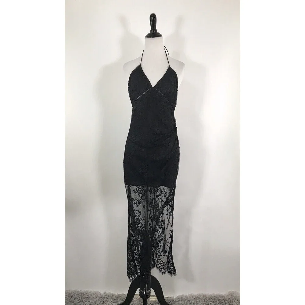 X by NBD Black Lace Halter Ellie‎ midi Dress Sheer Skirt Open Back Size 2 NWT